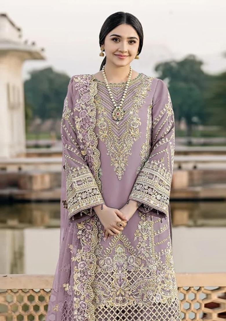 Lavender Embroidered Chiffon Salwar Kameez - Indya
