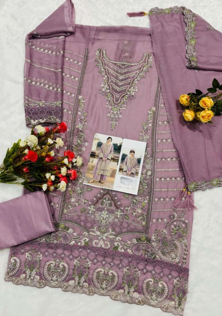 Lavender Embroidered Chiffon Salwar Kameez - Indya