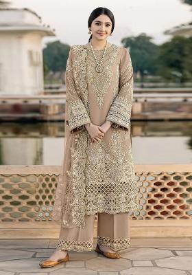 Brown Embroidered Chiffon Salwar Kameez