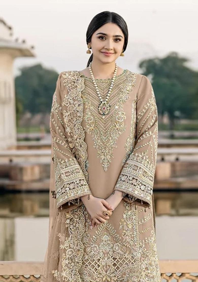 Brown Embroidered Chiffon Salwar Kameez - Indya