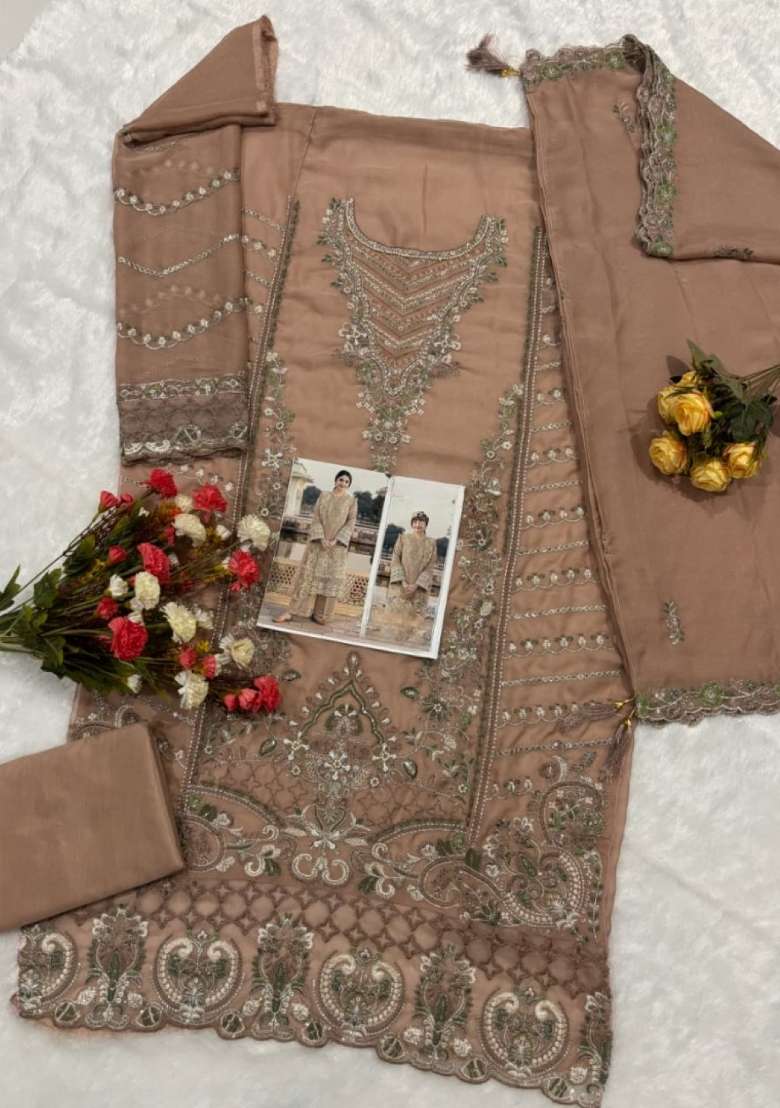 Brown Embroidered Chiffon Salwar Kameez - Indya