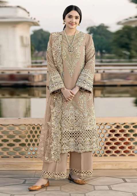 Brown Embroidered Chiffon Salwar Kameez