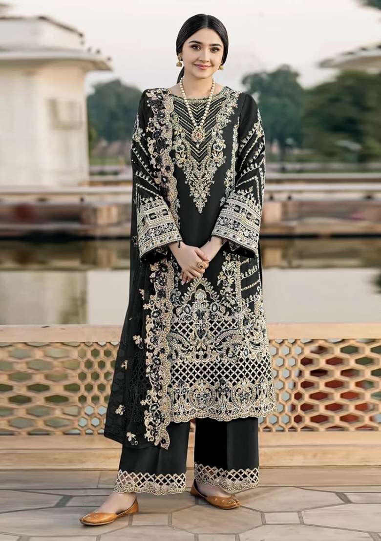 Black Embroidered Chiffon Salwar Kameez - Indya