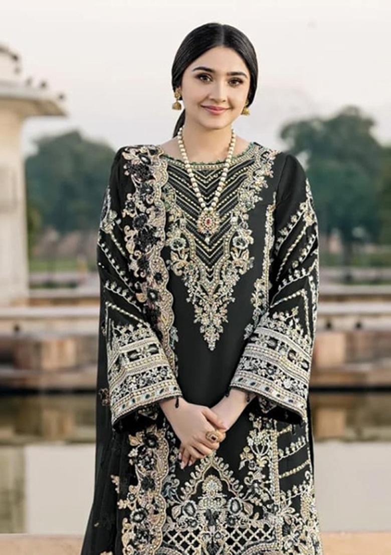 Black Embroidered Chiffon Salwar Kameez - Indya