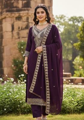 Wine Embroidered Georgette Kurta Set