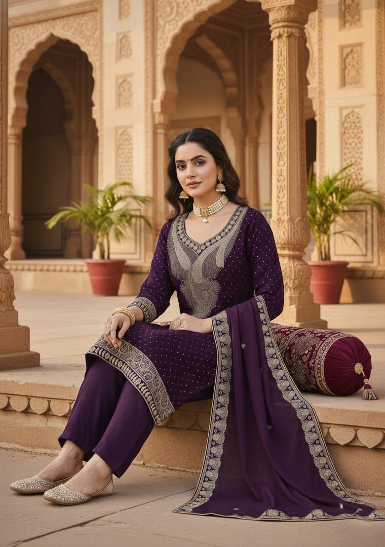 Wine Embroidered Georgette Kurta Set - Indya