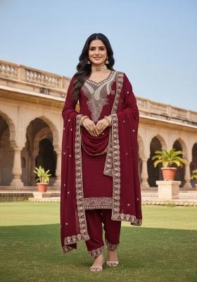Maroon Embroidered Georgette Kurta Set