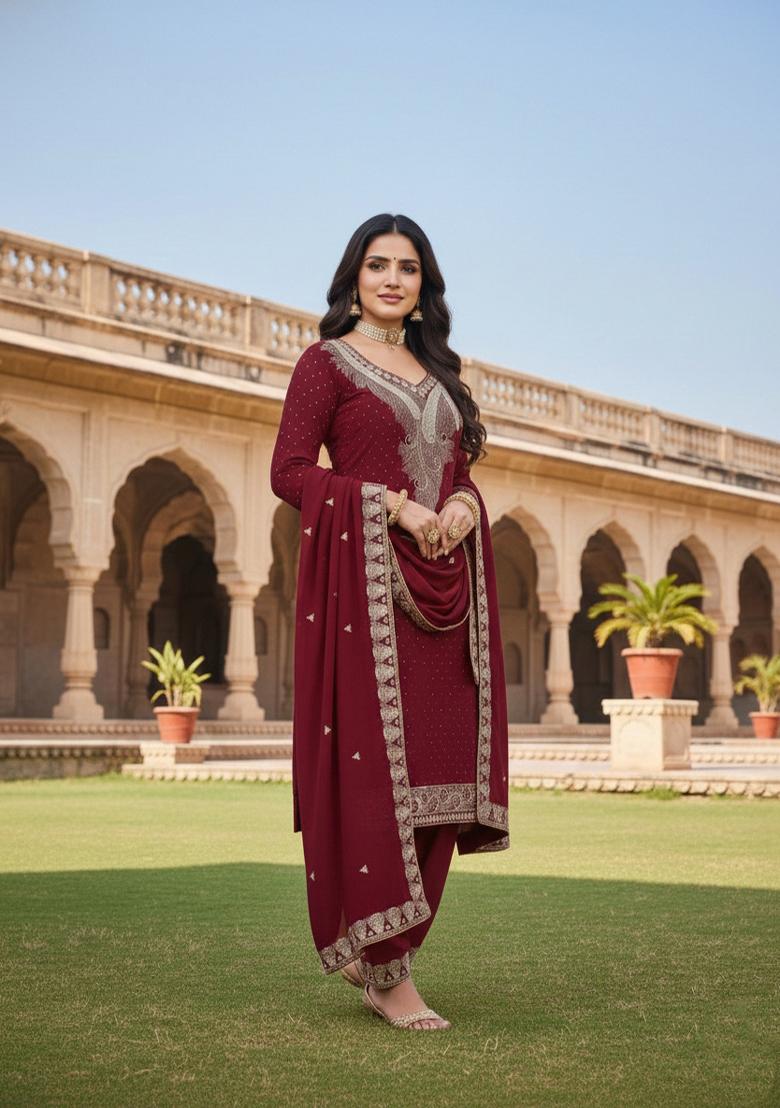 Maroon Embroidered Georgette Kurta Set - Indya