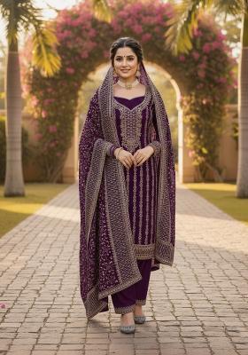 Wine Embroidered Georgette Kurta Set