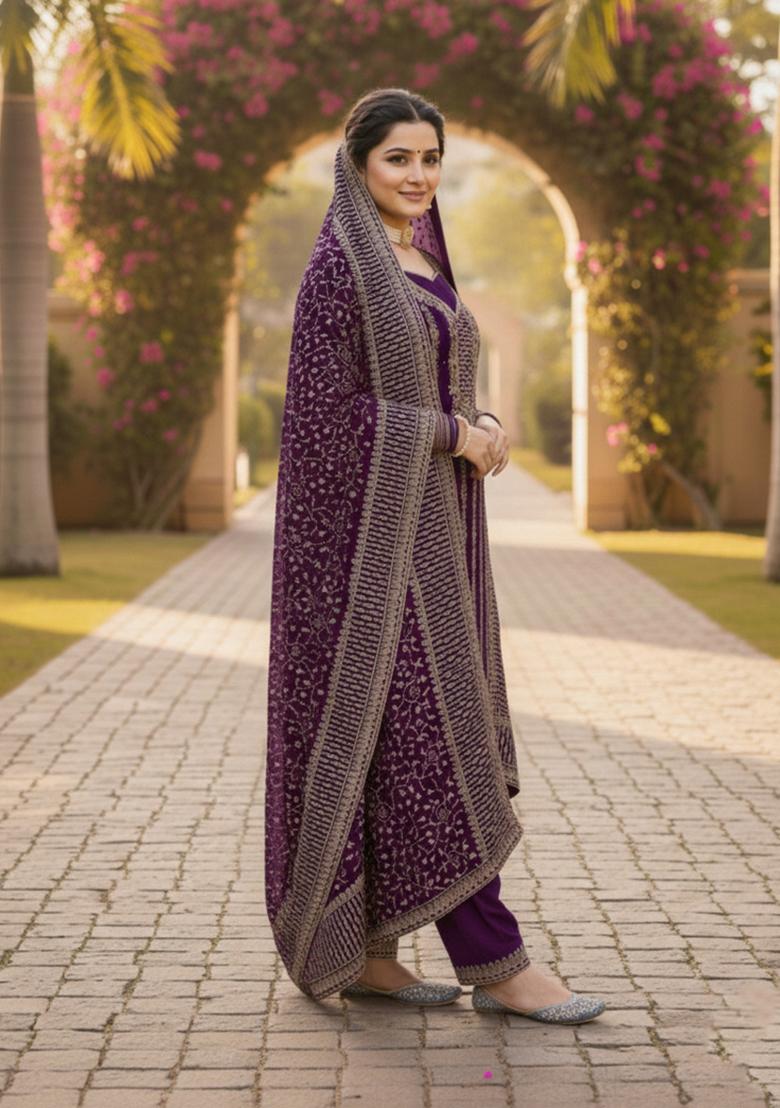 Wine Embroidered Georgette Kurta Set - Indya