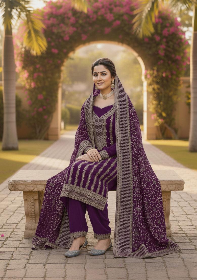 Wine Embroidered Georgette Kurta Set - Indya