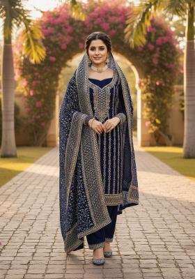 Dark Blue Embroidered Georgette Kurta Set