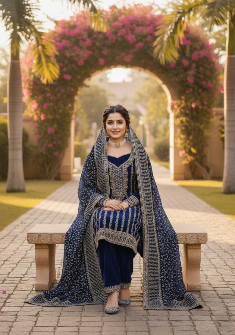 Dark Blue Embroidered Georgette Kurta Set - Indya