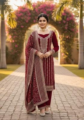 Red Embroidered Georgette Kurta Set