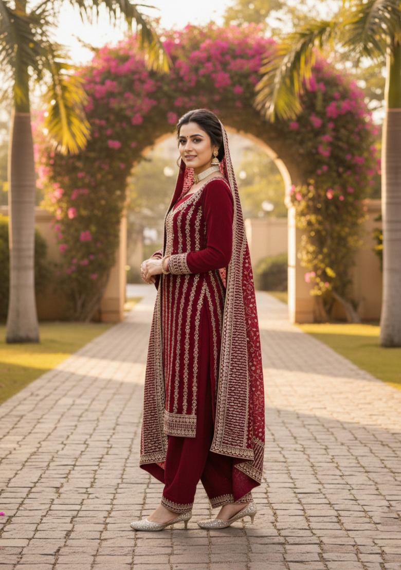 Red Embroidered Georgette Kurta Set - Indya