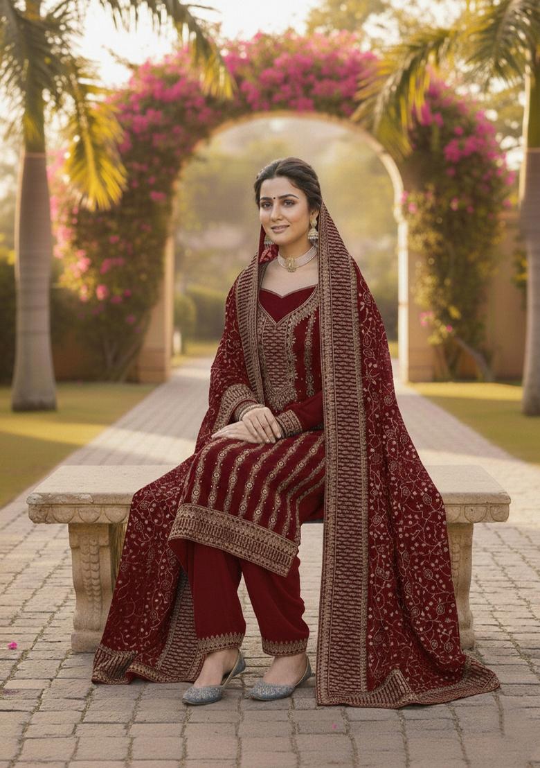 Red Embroidered Georgette Kurta Set - Indya