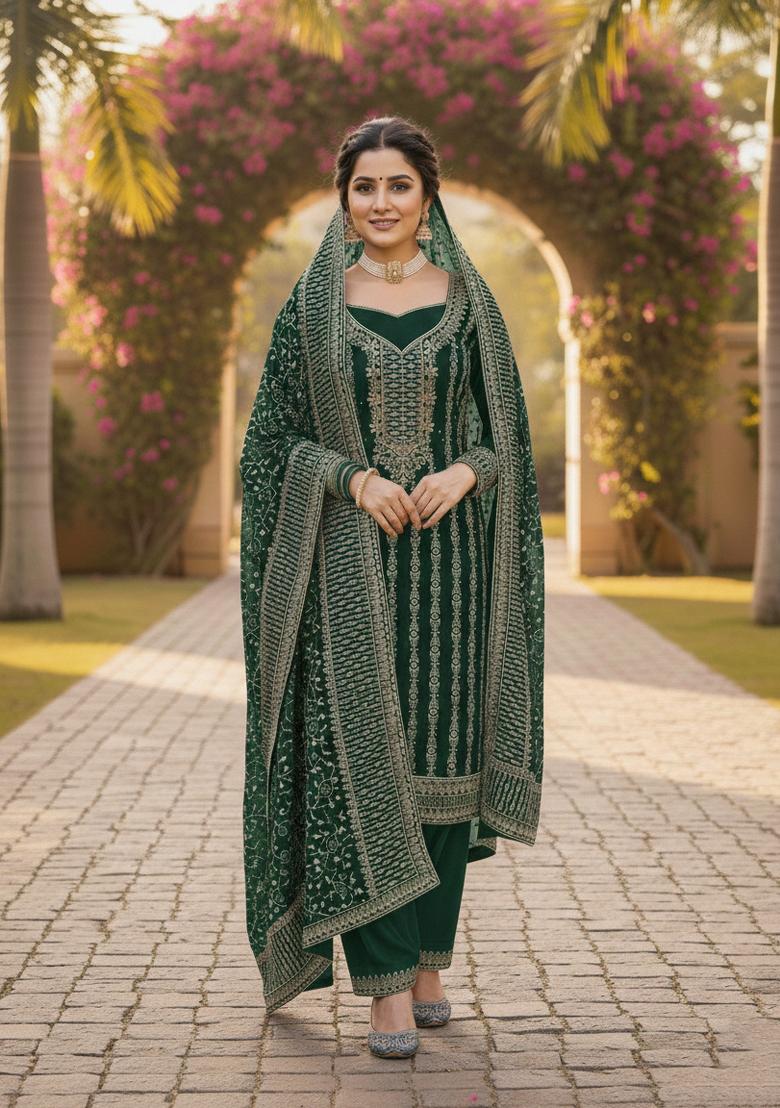 Green Embroidered Georgette Kurta Set - Indya
