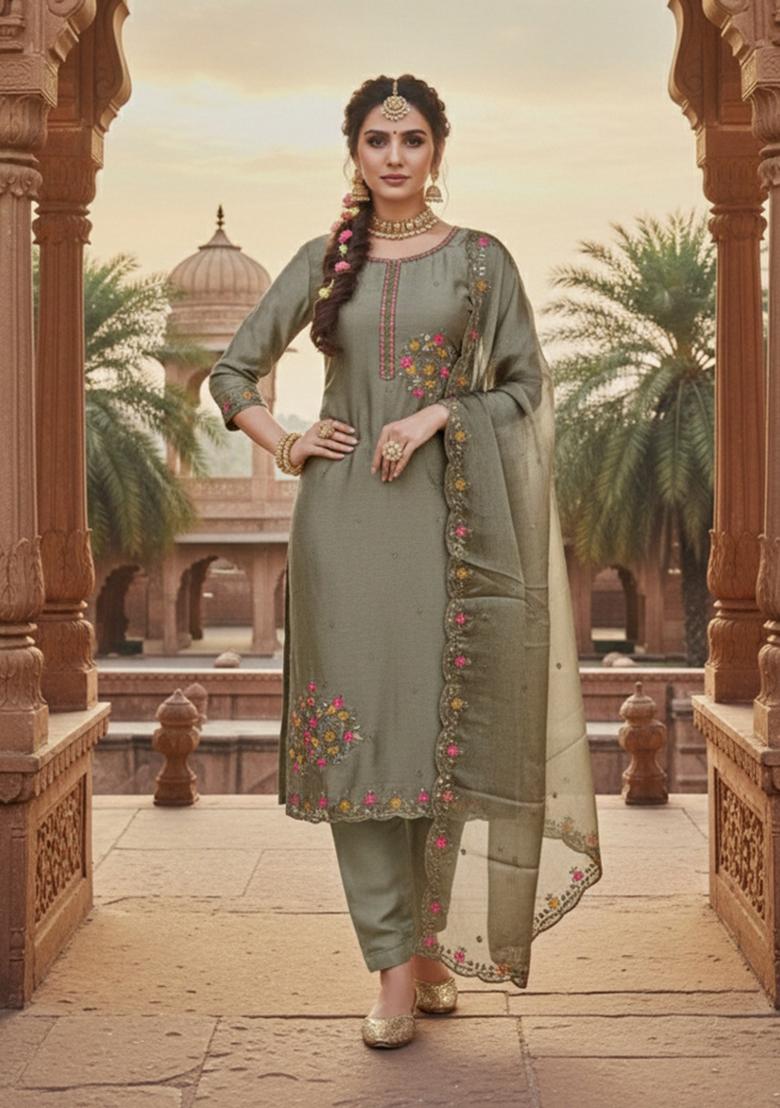 Grey Embroidered Silk Blend Kurta Set - Indya
