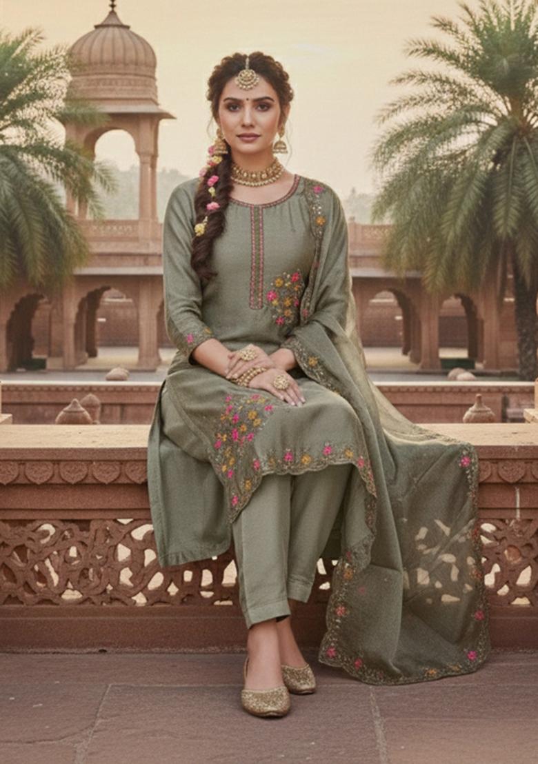 Grey Embroidered Silk Blend Kurta Set - Indya