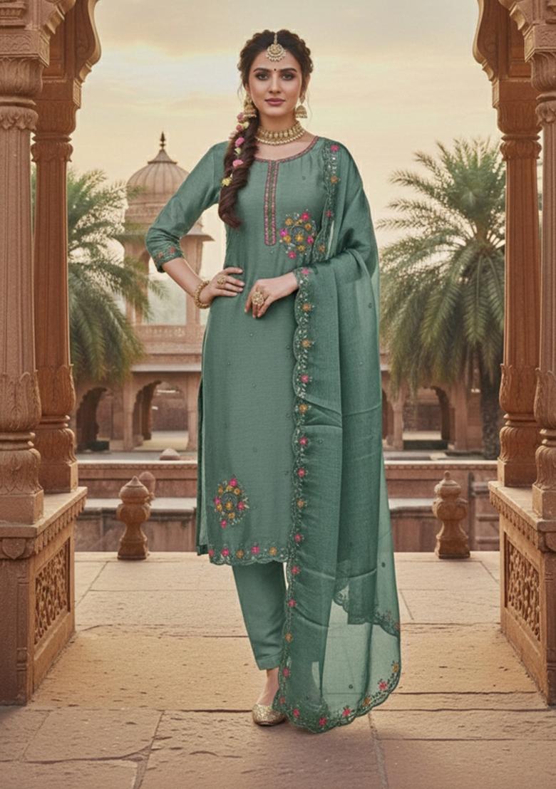 Lavender Embroidered Silk Blend Kurta Set - Indya