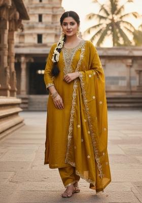 Yellow Embroidered Vichitra Kurta Set