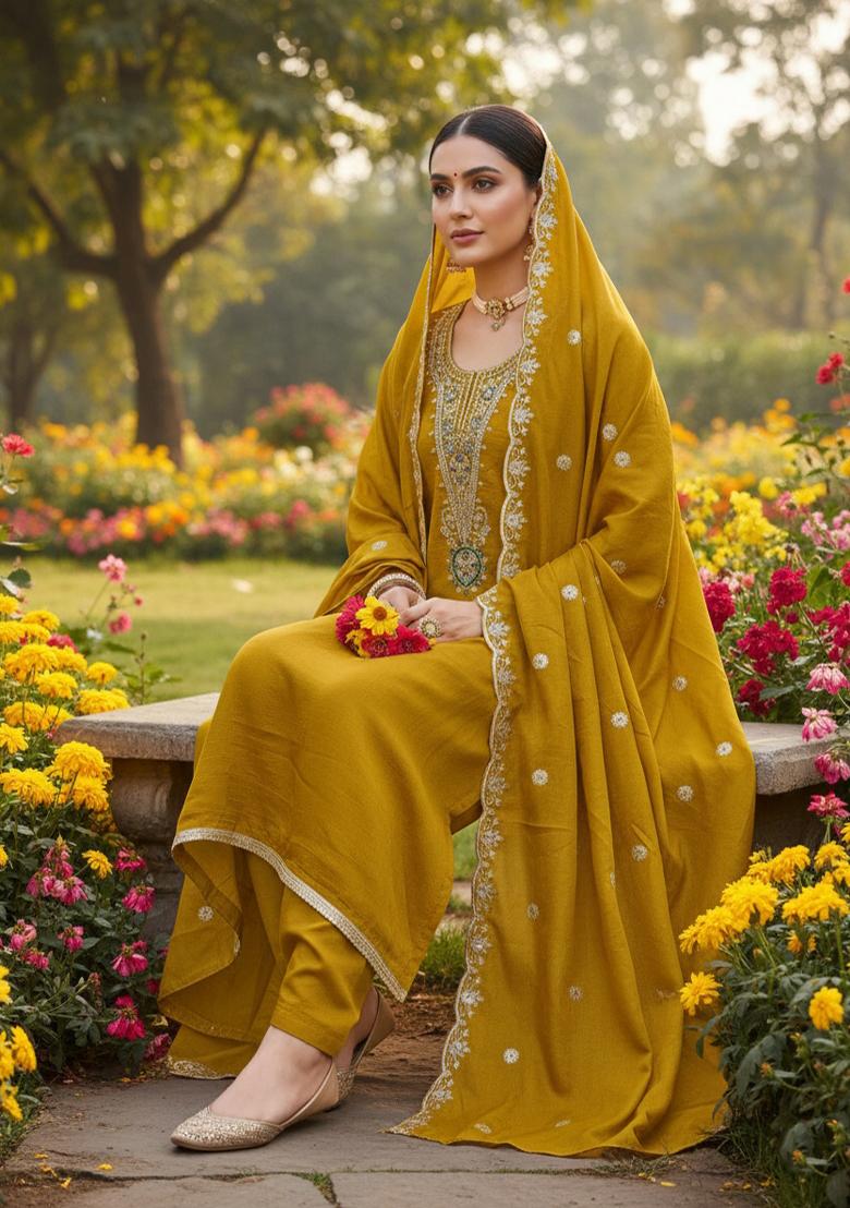 Yellow Embroidered Vichitra Kurta Set - Indya
