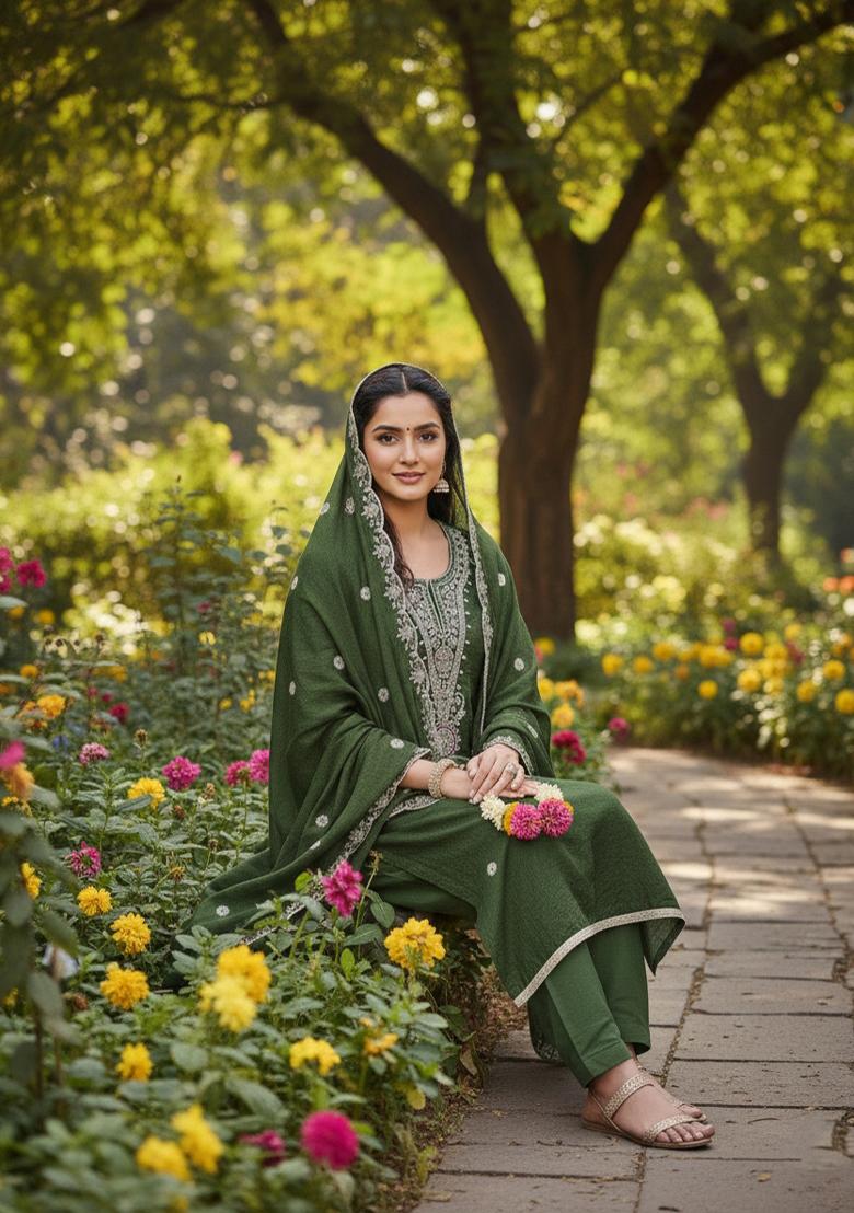 Green Embroidered Vichitra Kurta Set - Indya