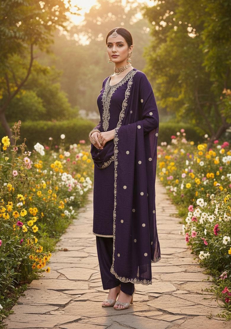 Purple Embroidered Vichitra Kurta Set - Indya