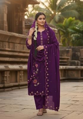 Wine Embroidered Vichitra Kurta Set