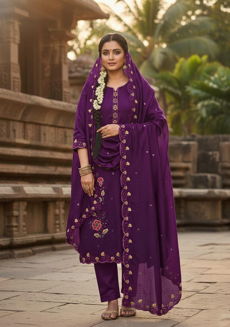 Wine Embroidered Vichitra Kurta Set - Indya