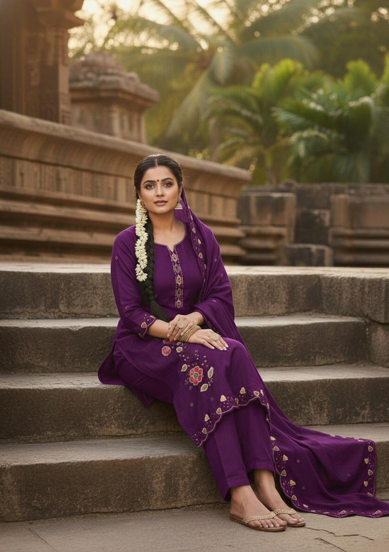 Wine Embroidered Vichitra Kurta Set - Indya