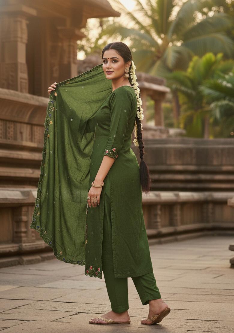 Green Embroidered Vichitra Kurta Set - Indya