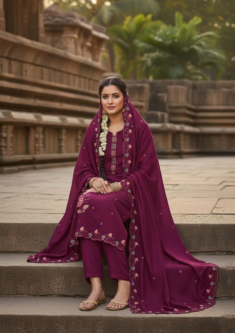 Maroon Embroidered Vichitra Kurta Set - Indya