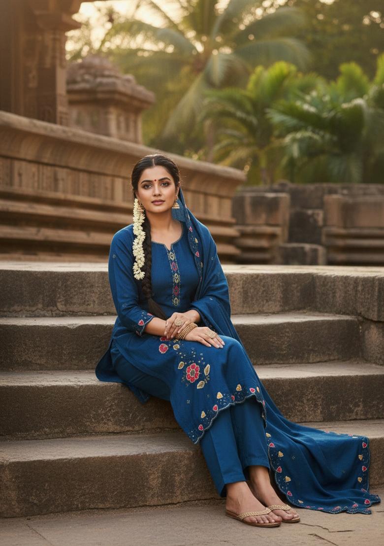 Dark Blue Embroidered Chanderi Kurta Set - Indya