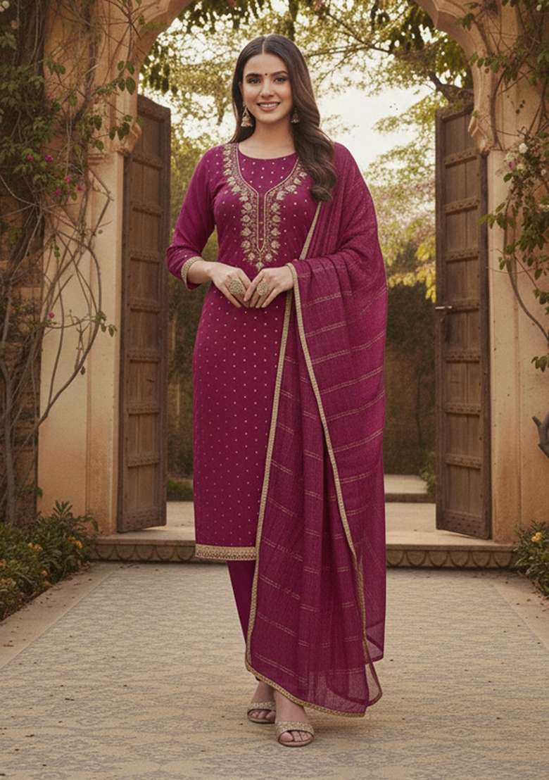 Pink Embroidered Chanderi Kurta Set - Indya