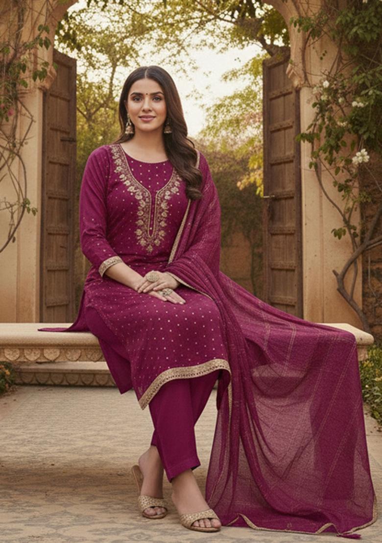 Pink Embroidered Chanderi Kurta Set - Indya