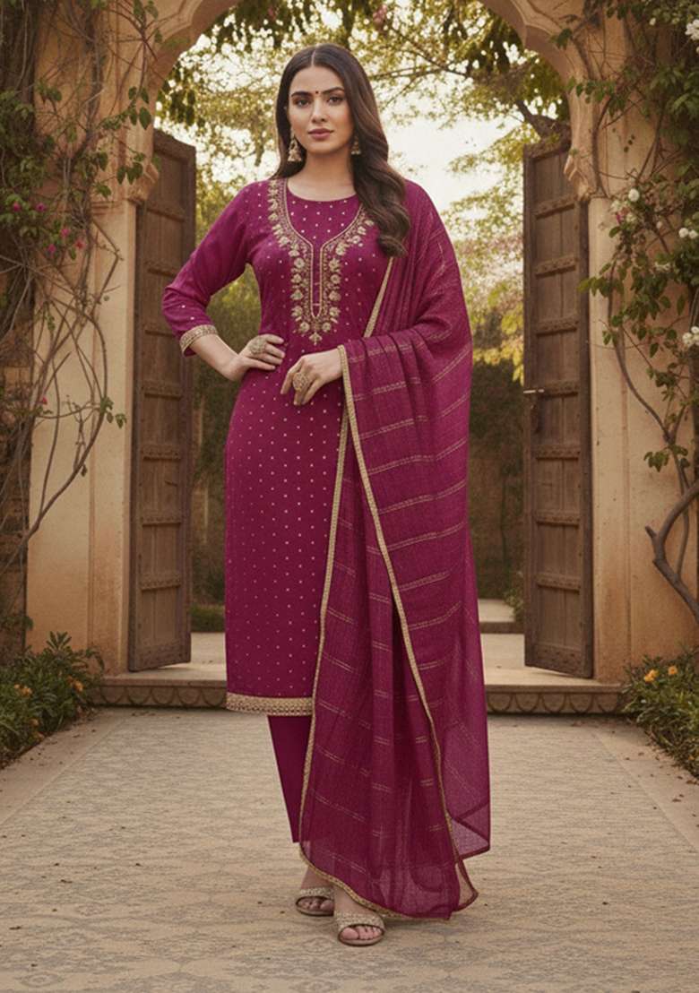 Pink Embroidered Chanderi Kurta Set - Indya