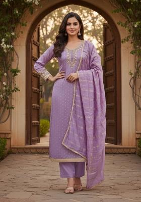 Lavender Embroidered Chanderi Kurta Set