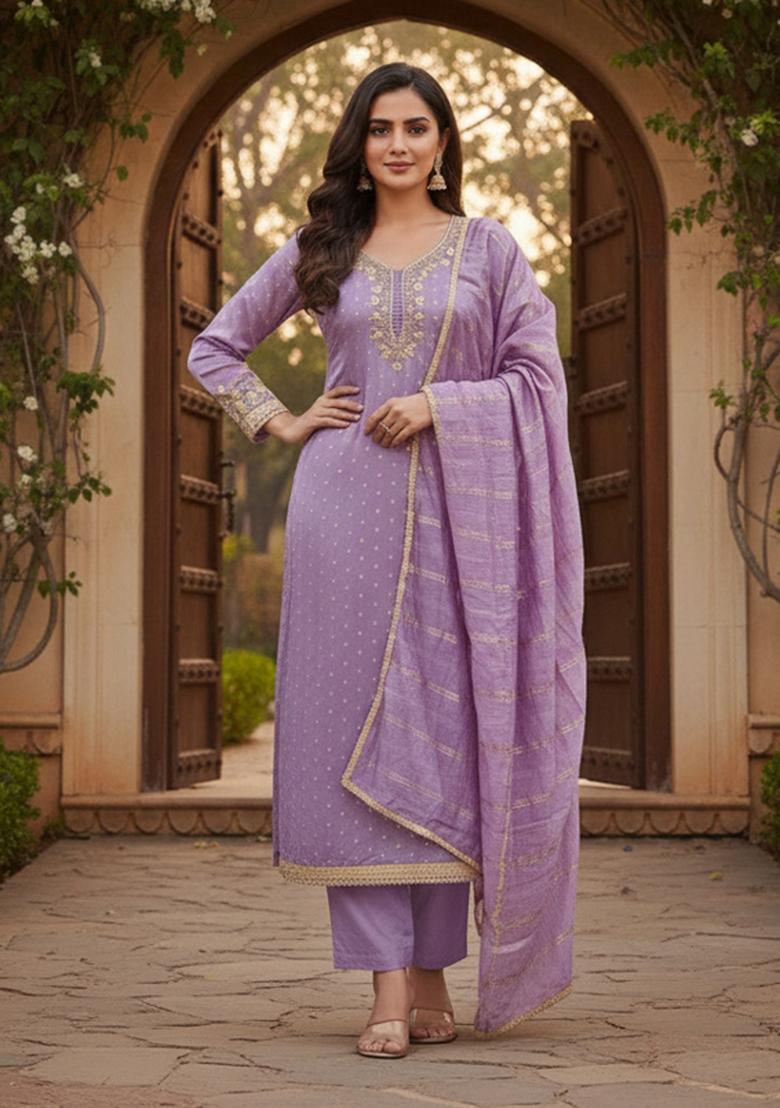 Lavender Embroidered Chanderi Kurta Set - Indya