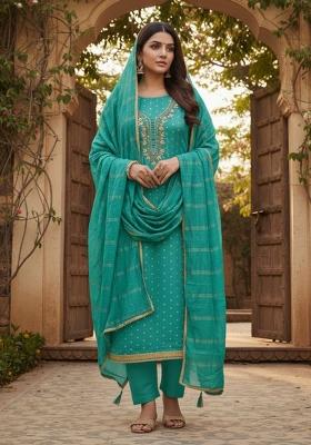Sky Blue Embroidered Chanderi Kurta Set