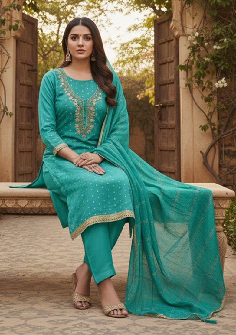 Sky Blue Embroidered Chanderi Kurta Set - Indya