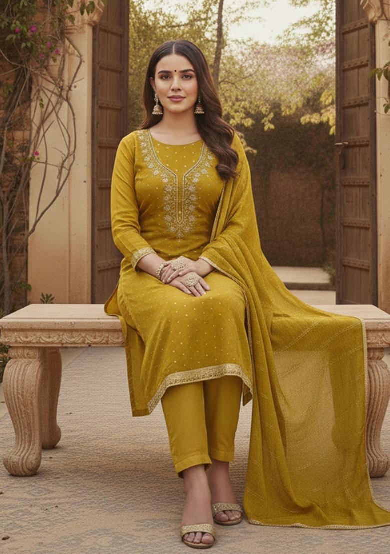 Yellow Embroidered Chanderi Kurta Set - Indya