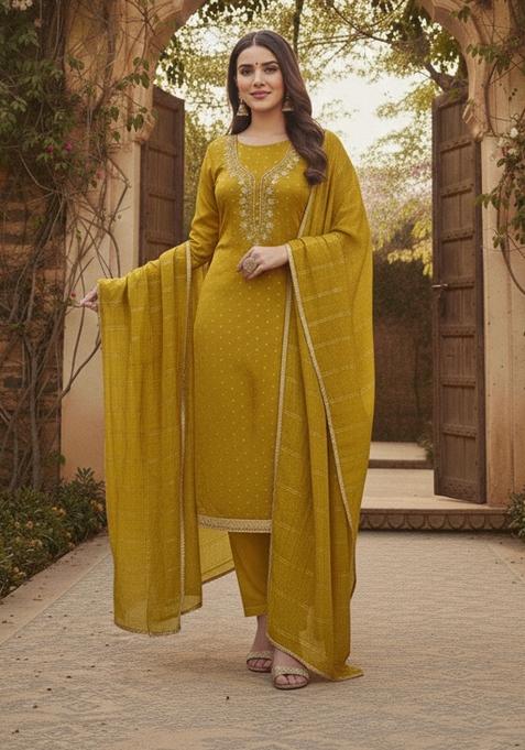 Yellow Embroidered Chanderi Kurta Set