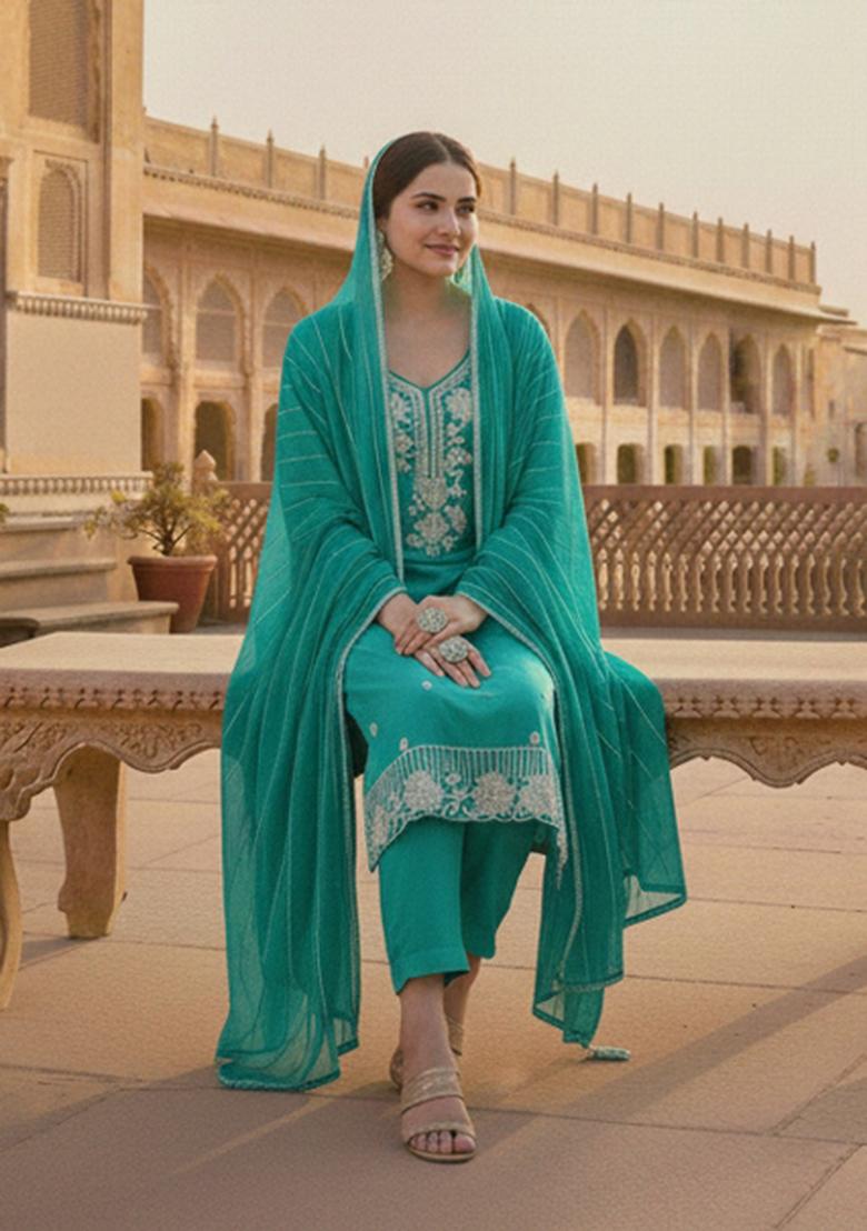 Rama Embroidered Silk Blend Kurta Set - Indya