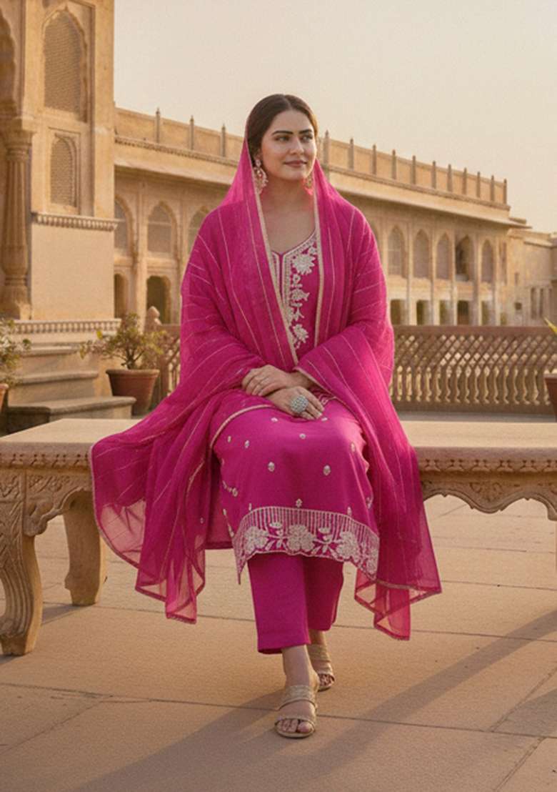 Pink Embroidered Silk Blend Kurta Set - Indya