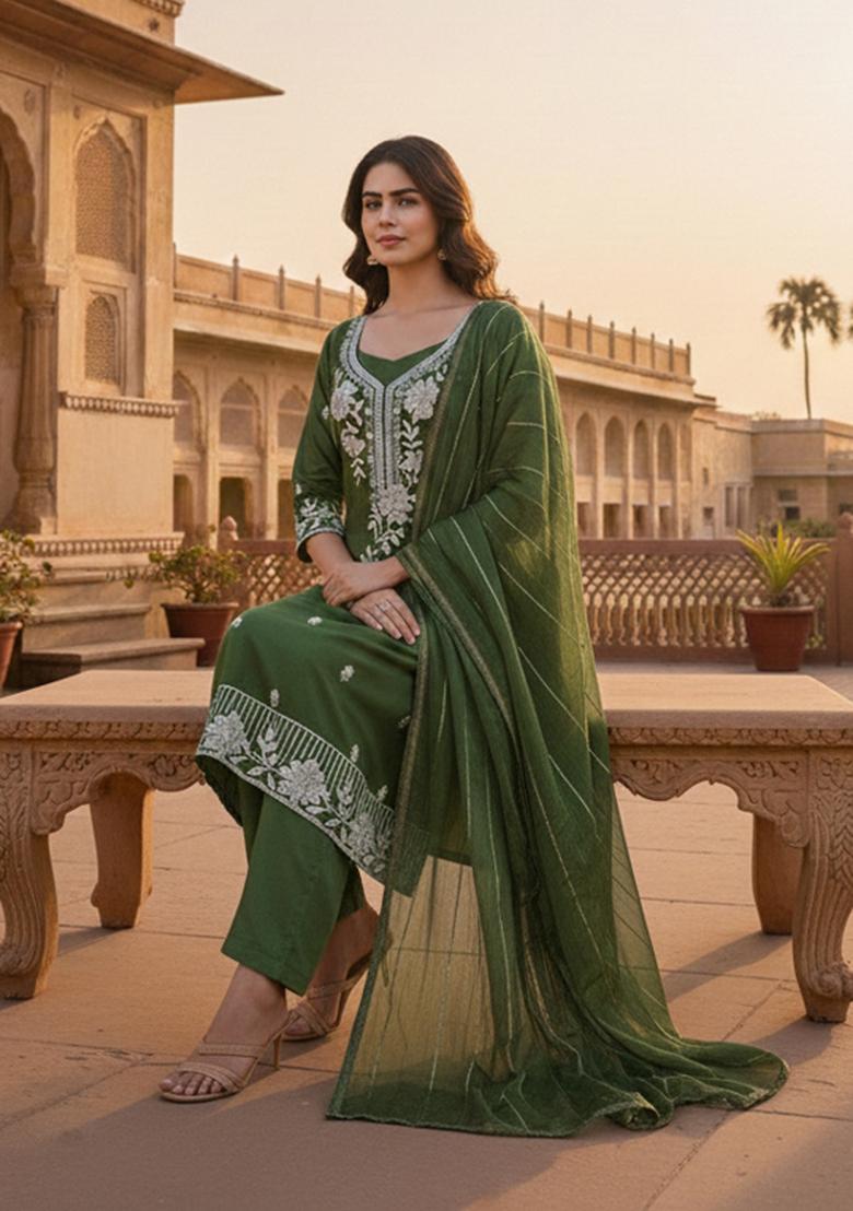 Mehendi Embroidered Silk Blend Kurta Set - Indya