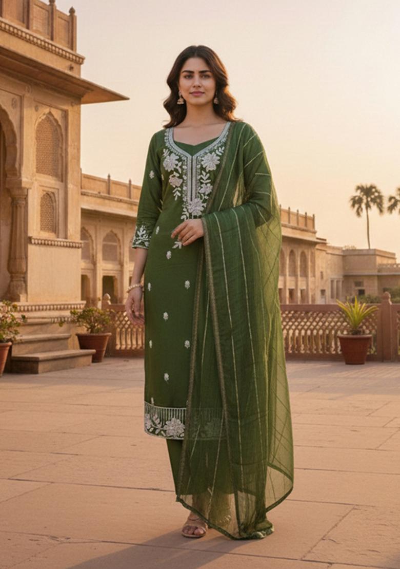 Mehendi Embroidered Silk Blend Kurta Set - Indya