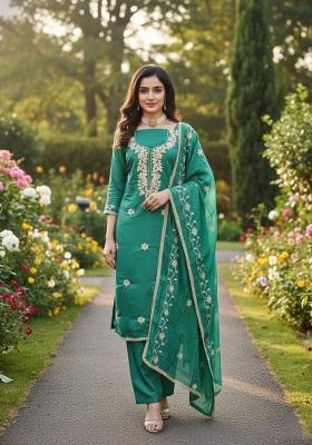 Teal Embroidered Silk Blend Kurta Set
