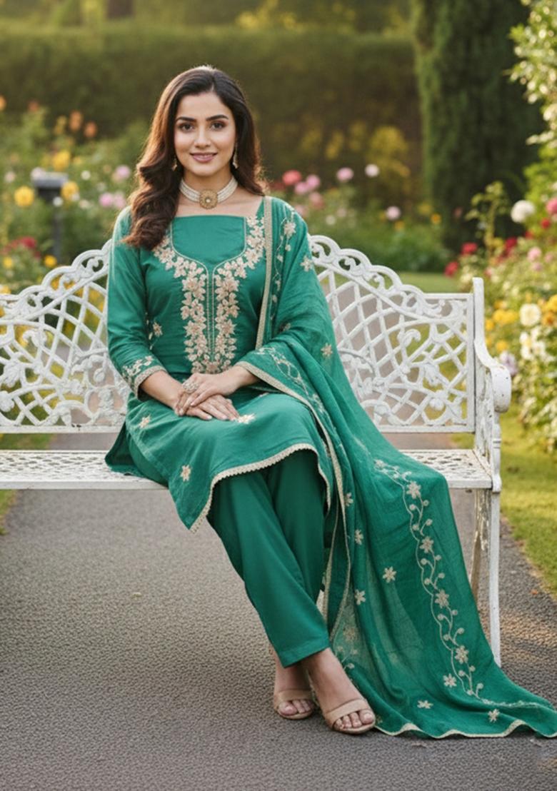 Teal Embroidered Silk Blend Kurta Set - Indya