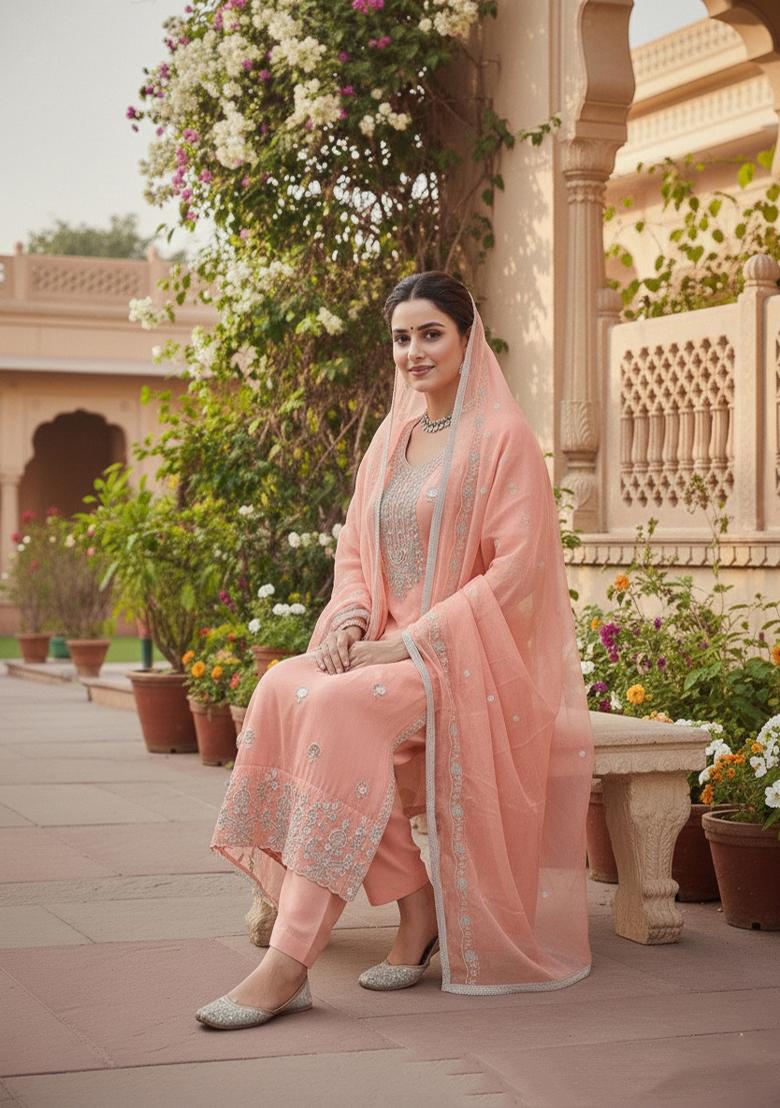 Peach Embroidered Cotton Kurta Set - Indya